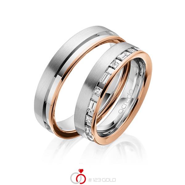 Paar bicolor Trauringe/Eheringe in Rotgold 585 Graugold 585 mit zus. 0,9 ct. Prinzess-Diamant & Baguette-Diamant tw, si tw, vs von acredo - A-1628-11 Paar bicolor Trauringe/Eheringe in Rotgold 585 Graugold 585 mit zus. 0,9 ct. Prinzess-Diamant & Baguette-Diamant tw, si tw, vs von acredo - A-1628-11