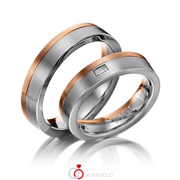 Paar bicolor Trauringe/Eheringe in Rotgold 585 Graugold dunkel 585 mit zus. 0,06 ct. Baguette-Diamant tw, vs von 123gold - Y-1034-11 Paar bicolor Trauringe/Eheringe in Rotgold 585 Graugold dunkel 585 mit zus. 0,06 ct. Baguette-Diamant tw, vs von 123gold - Y-1034-11
