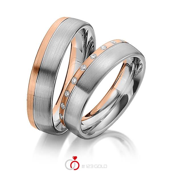 Paar bicolor Trauringe/Eheringe in Rotgold 585 Graugold dunkel 585 mit zus. 0,21 ct. Brillant tw, si von Steinberg - Q-1334-14 Paar bicolor Trauringe/Eheringe in Rotgold 585 Graugold dunkel 585 mit zus. 0,21 ct. Brillant tw, si von Steinberg - Q-1334-14