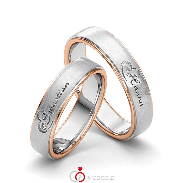 Paar bicolor Trauringe/Eheringe in Rotgold 585 Weissgold 585 Herz mit zus. 0,01 ct. Brillant tw, si von 123gold - Y-1415-17 Paar bicolor Trauringe/Eheringe in Rotgold 585 Weissgold 585 Herz mit zus. 0,01 ct. Brillant tw, si von 123gold - Y-1415-17