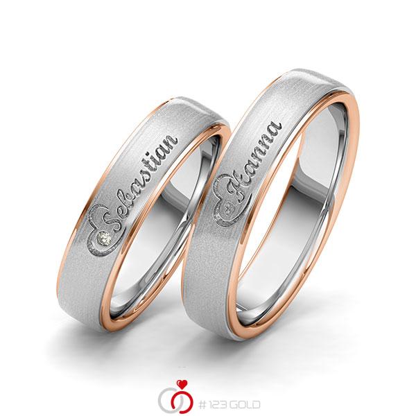 Paar bicolor Trauringe/Eheringe in Rotgold 585 Weißgold 585 Herz mit zus. 0,01 ct. Brillant tw, si von 123gold - Y-1415-3 Paar bicolor Trauringe/Eheringe in Rotgold 585 Weißgold 585 Herz mit zus. 0,01 ct. Brillant tw, si von 123gold - Y-1415-3
