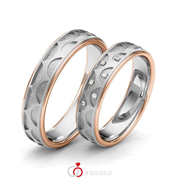 Paar bicolor Trauringe/Eheringe in Rotgold 585 Weissgold 585 Laser Struktur mit zus. 0,03 ct. Brillant tw, si von 123gold - Y-1399-3 Paar bicolor Trauringe/Eheringe in Rotgold 585 Weissgold 585 Laser Struktur mit zus. 0,03 ct. Brillant tw, si von 123gold - Y-1399-3