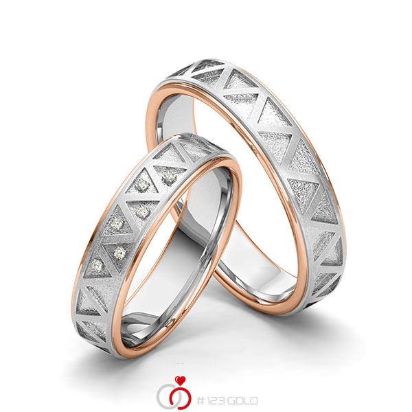 Paar bicolor Trauringe/Eheringe in Rotgold 585 Weissgold 585 Laser Struktur mit zus. 0,045 ct. Brillant tw, si von 123gold - Y-1405-2 Paar bicolor Trauringe/Eheringe in Rotgold 585 Weissgold 585 Laser Struktur mit zus. 0,045 ct. Brillant tw, si von 123gold - Y-1405-2