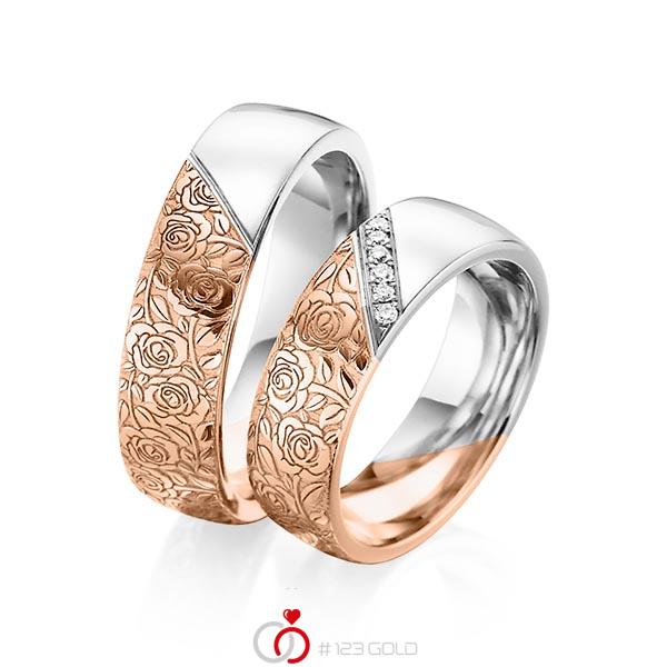 Paar bicolor Trauringe/Eheringe in Rotgold 585 Weissgold 585 Laser Struktur mit zus. 0,06 ct. Brillant tw, si von 123gold - Y-1382-1 Paar bicolor Trauringe/Eheringe in Rotgold 585 Weissgold 585 Laser Struktur mit zus. 0,06 ct. Brillant tw, si von 123gold - Y-1382-1