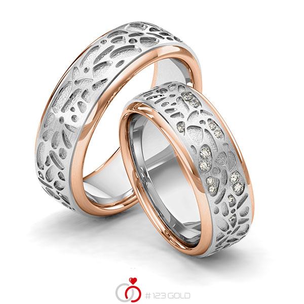 Paar bicolor Trauringe/Eheringe in Rotgold 585 Weissgold 585 Laser Struktur mit zus. 0,1 ct. Brillant tw, si von 123gold - Y-1389-11 Paar bicolor Trauringe/Eheringe in Rotgold 585 Weissgold 585 Laser Struktur mit zus. 0,1 ct. Brillant tw, si von 123gold - Y-1389-11