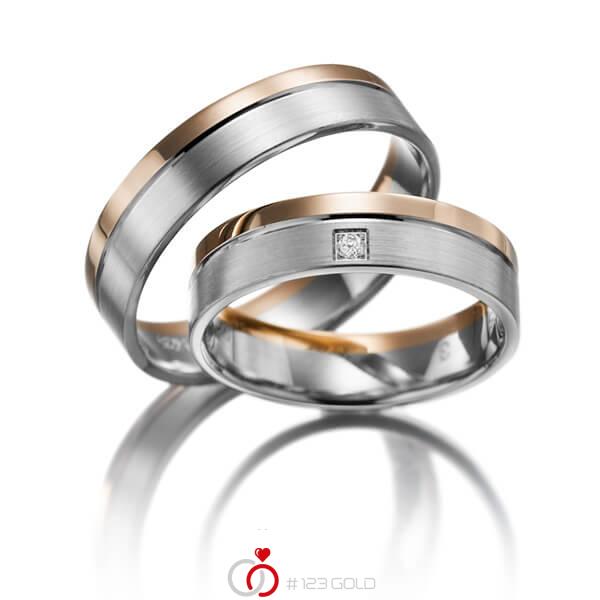 Paar bicolor Trauringe/Eheringe in Rotgold 585 Weissgold 585 mit zus. 0,01 ct. Brillant tw, si - NP-1021-1 Paar bicolor Trauringe/Eheringe in Rotgold 585 Weissgold 585 mit zus. 0,01 ct. Brillant tw, si - NP-1021-1