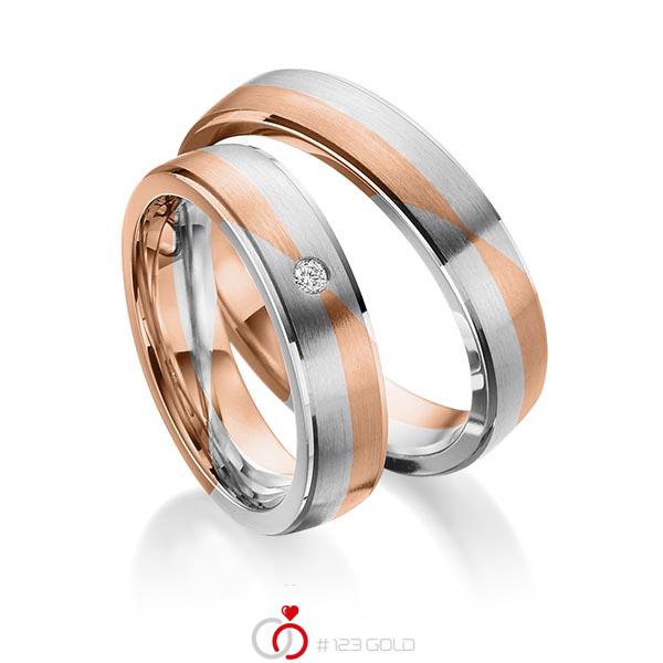 Paar bicolor Trauringe/Eheringe in Rotgold 585 Weissgold 585 mit zus. 0,02 ct. Brillant tw, si von 123gold - Y-1369-4 Paar bicolor Trauringe/Eheringe in Rotgold 585 Weissgold 585 mit zus. 0,02 ct. Brillant tw, si von 123gold - Y-1369-4