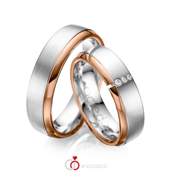Paar bicolor Trauringe/Eheringe in Rotgold 585 Weißgold 585 mit zus. 0,03 ct. Brillant tw, si von acredo - A-1067-6 Paar bicolor Trauringe/Eheringe in Rotgold 585 Weißgold 585 mit zus. 0,03 ct. Brillant tw, si von acredo - A-1067-6