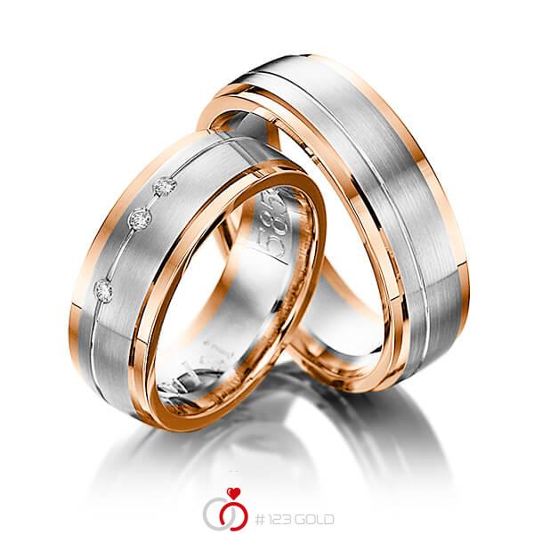 Paar bicolor Trauringe/Eheringe in Rotgold 585 Weissgold 585 mit zus. 0,045 ct. Brillant tw, si von 123gold - Y-1081-13 Paar bicolor Trauringe/Eheringe in Rotgold 585 Weissgold 585 mit zus. 0,045 ct. Brillant tw, si von 123gold - Y-1081-13