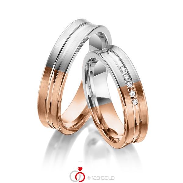 Paar bicolor Trauringe/Eheringe in Rotgold 585 Weissgold 585 mit zus. 0,05 ct. Brillant tw, si von 123gold - Y-1373-5 Paar bicolor Trauringe/Eheringe in Rotgold 585 Weissgold 585 mit zus. 0,05 ct. Brillant tw, si von 123gold - Y-1373-5