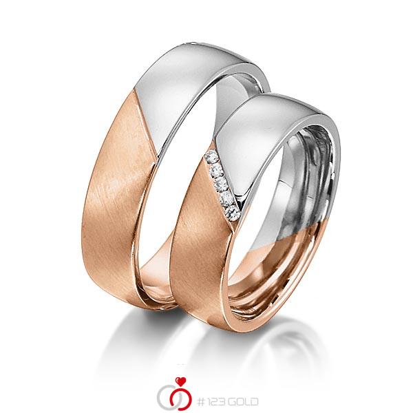 Paar bicolor Trauringe/Eheringe in Rotgold 585 Weißgold 585 mit zus. 0,05 ct. Brillant tw, si von acredo - S-1148-6 Paar bicolor Trauringe/Eheringe in Rotgold 585 Weißgold 585 mit zus. 0,05 ct. Brillant tw, si von acredo - S-1148-6