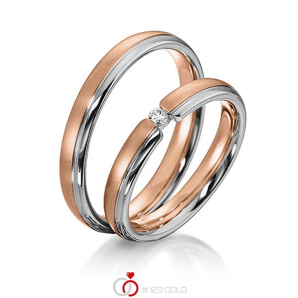Paar bicolor Trauringe/Eheringe in Rotgold 585 Weißgold 585 mit zus. 0,05 ct. Brillant tw, si von acredo - S-1150-4 Paar bicolor Trauringe/Eheringe in Rotgold 585 Weißgold 585 mit zus. 0,05 ct. Brillant tw, si von acredo - S-1150-4