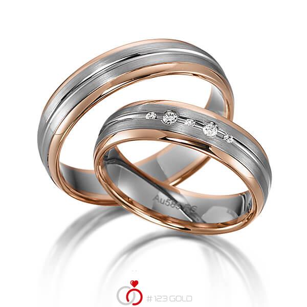 Paar bicolor Trauringe/Eheringe in Rotgold 585 Weissgold 585 mit zus. 0,064 ct. Brillant tw, si von acredo - S-1164-3 Paar bicolor Trauringe/Eheringe in Rotgold 585 Weissgold 585 mit zus. 0,064 ct. Brillant tw, si von acredo - S-1164-3