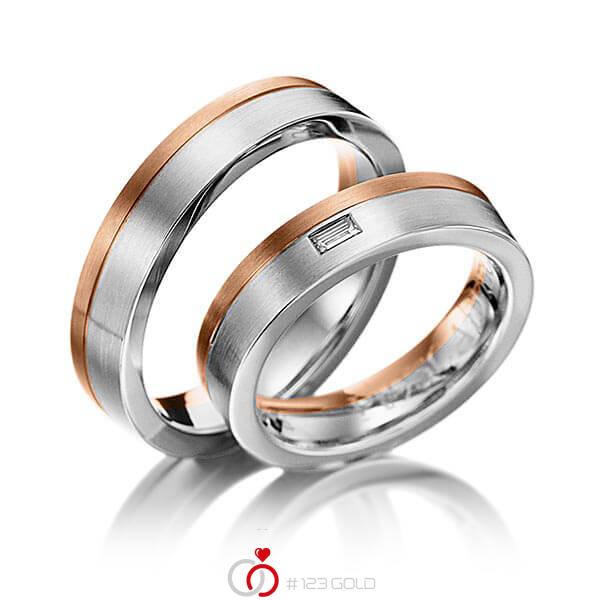 Paar bicolor Trauringe/Eheringe in Rotgold 585 Weissgold 585 mit zus. 0,06 ct. Baguette-Diamant tw, vs von 123gold - Y-1034-3 Paar bicolor Trauringe/Eheringe in Rotgold 585 Weissgold 585 mit zus. 0,06 ct. Baguette-Diamant tw, vs von 123gold - Y-1034-3
