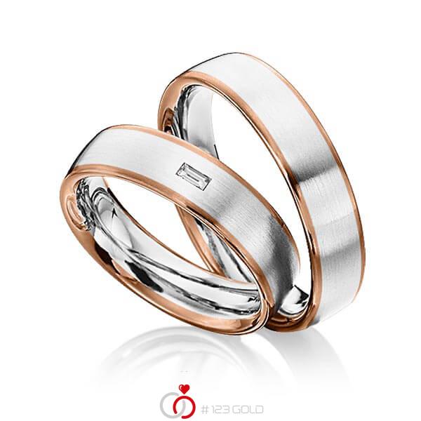 Paar bicolor Trauringe/Eheringe in Rotgold 585 Weissgold 585 mit zus. 0,06 ct. Baguette-Diamant tw, vs von 123gold - Y-1285-6 Paar bicolor Trauringe/Eheringe in Rotgold 585 Weissgold 585 mit zus. 0,06 ct. Baguette-Diamant tw, vs von 123gold - Y-1285-6