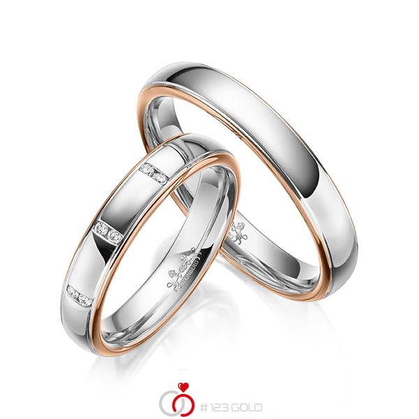 Paar bicolor Trauringe/Eheringe in Rotgold 585 Weißgold 585 mit zus. 0,06 ct. Brillant tw, si von Steinberg - Q-1605-2 Paar bicolor Trauringe/Eheringe in Rotgold 585 Weißgold 585 mit zus. 0,06 ct. Brillant tw, si von Steinberg - Q-1605-2
