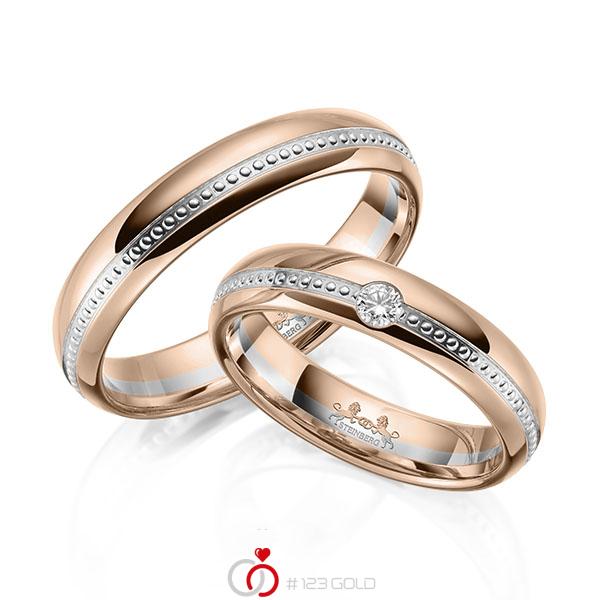 Paar bicolor Trauringe/Eheringe in Rotgold 585 Weißgold 585 mit zus. 0,06 ct. Brillant tw, si von Steinberg - Q-1649-3 Paar bicolor Trauringe/Eheringe in Rotgold 585 Weißgold 585 mit zus. 0,06 ct. Brillant tw, si von Steinberg - Q-1649-3