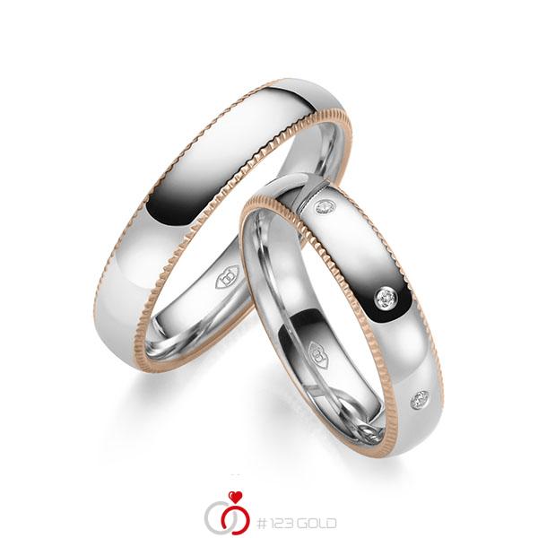 Paar bicolor Trauringe/Eheringe in Rotgold 585 Weißgold 585 mit zus. 0,08 ct. Brillant tw, si - UQ-1025-1 Paar bicolor Trauringe/Eheringe in Rotgold 585 Weißgold 585 mit zus. 0,08 ct. Brillant tw, si - UQ-1025-1