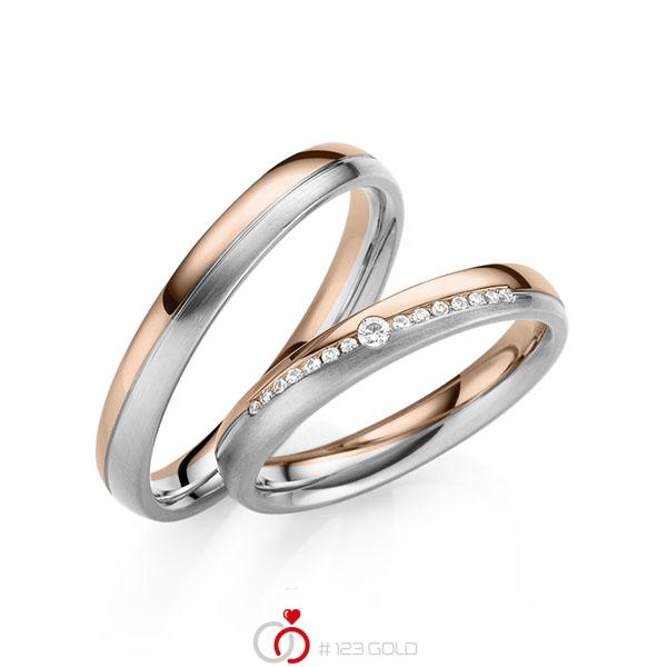 Paar bicolor Trauringe/Eheringe in Rotgold 585 Weißgold 585 mit zus. 0,095 ct. Brillant tw, vs von 123gold - Y-1418-7 Paar bicolor Trauringe/Eheringe in Rotgold 585 Weißgold 585 mit zus. 0,095 ct. Brillant tw, vs von 123gold - Y-1418-7