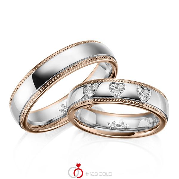 Paar bicolor Trauringe/Eheringe in Rotgold 585 Weißgold 585 mit zus. 0,09 ct. Brillant tw, si von Steinberg - Q-1646-1 Paar bicolor Trauringe/Eheringe in Rotgold 585 Weißgold 585 mit zus. 0,09 ct. Brillant tw, si von Steinberg - Q-1646-1