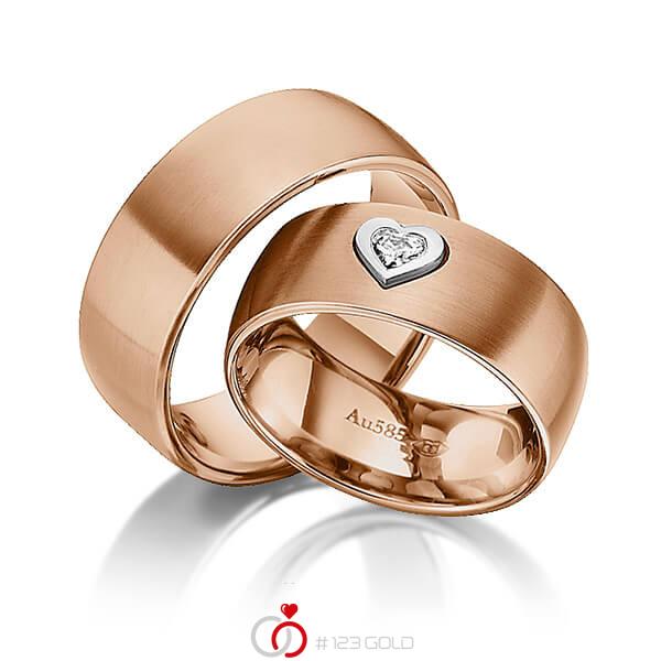Paar bicolor Trauringe/Eheringe in Rotgold 585 Weissgold 585 mit zus. 0,12 ct. Herz-Diamant tw, vs von 123gold - Y-1335-8 Paar bicolor Trauringe/Eheringe in Rotgold 585 Weissgold 585 mit zus. 0,12 ct. Herz-Diamant tw, vs von 123gold - Y-1335-8