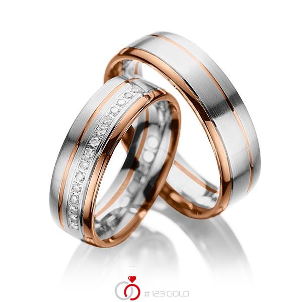 Paar bicolor Trauringe/Eheringe in Rotgold 585 Weißgold 585 mit zus. 0,15 ct. Brillant tw, si von acredo - A-1034-9 Paar bicolor Trauringe/Eheringe in Rotgold 585 Weißgold 585 mit zus. 0,15 ct. Brillant tw, si von acredo - A-1034-9