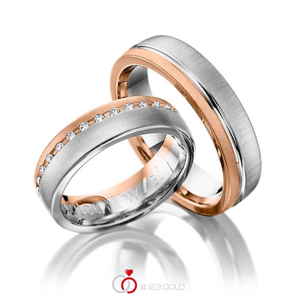 Paar bicolor Trauringe/Eheringe in Rotgold 585 Weißgold 585 mit zus. 0,15 ct. Brillant tw, si von Steinberg - Q-1203-4 Paar bicolor Trauringe/Eheringe in Rotgold 585 Weißgold 585 mit zus. 0,15 ct. Brillant tw, si von Steinberg - Q-1203-4