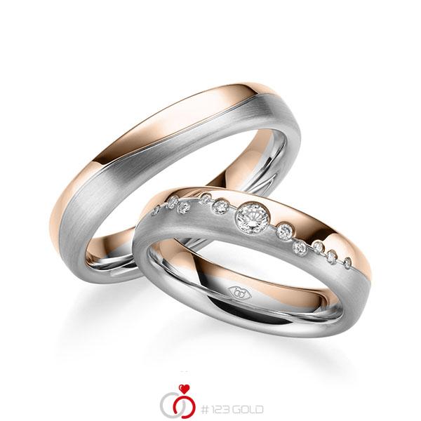 Paar bicolor Trauringe/Eheringe in Rotgold 585 Weissgold 585 mit zus. 0,182 ct. Brillant tw, si - UQ-1007-2 Paar bicolor Trauringe/Eheringe in Rotgold 585 Weissgold 585 mit zus. 0,182 ct. Brillant tw, si - UQ-1007-2