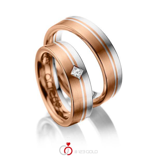 Paar bicolor Trauringe/Eheringe in Rotgold 585 Weissgold 585 mit zus. 0,1 ct. Prinzess-Diamant tw, si von acredo - A-1020-12 Paar bicolor Trauringe/Eheringe in Rotgold 585 Weissgold 585 mit zus. 0,1 ct. Prinzess-Diamant tw, si von acredo - A-1020-12