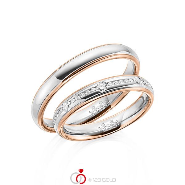 Paar bicolor Trauringe/Eheringe in Rotgold 585 Weißgold 585 mit zus. 0,22 ct. Brillant tw, si von Steinberg - Q-1611-3 Paar bicolor Trauringe/Eheringe in Rotgold 585 Weißgold 585 mit zus. 0,22 ct. Brillant tw, si von Steinberg - Q-1611-3