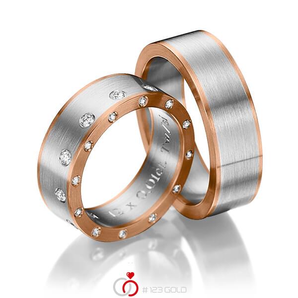 Paar bicolor Trauringe/Eheringe in Rotgold 585 Weißgold 585 mit zus. 0,48 ct. Brillant tw, si von Steinberg - Q-1215-1 Paar bicolor Trauringe/Eheringe in Rotgold 585 Weißgold 585 mit zus. 0,48 ct. Brillant tw, si von Steinberg - Q-1215-1