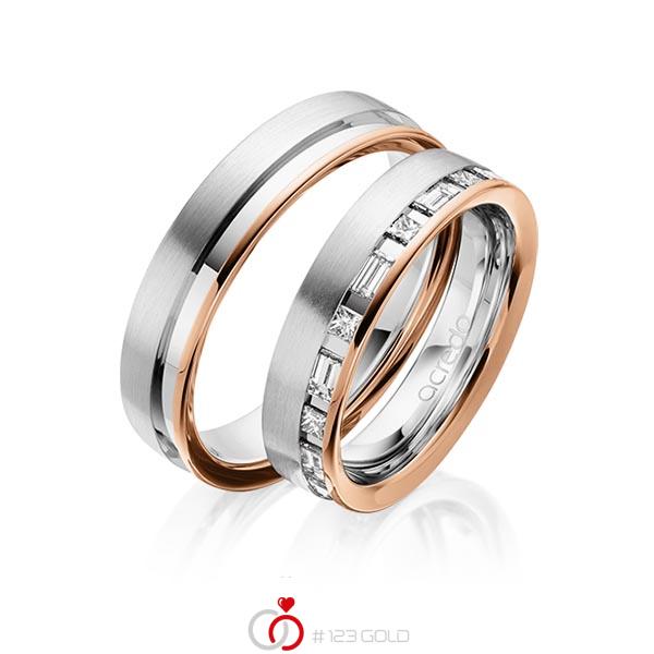 Paar bicolor Trauringe/Eheringe in Rotgold 585 Weissgold 585 mit zus. 0,9 ct. Prinzess-Diamant & Baguette-Diamant tw, si tw, vs von acredo - A-1628-3 Paar bicolor Trauringe/Eheringe in Rotgold 585 Weissgold 585 mit zus. 0,9 ct. Prinzess-Diamant & Baguette-Diamant tw, si tw, vs von acredo - A-1628-3