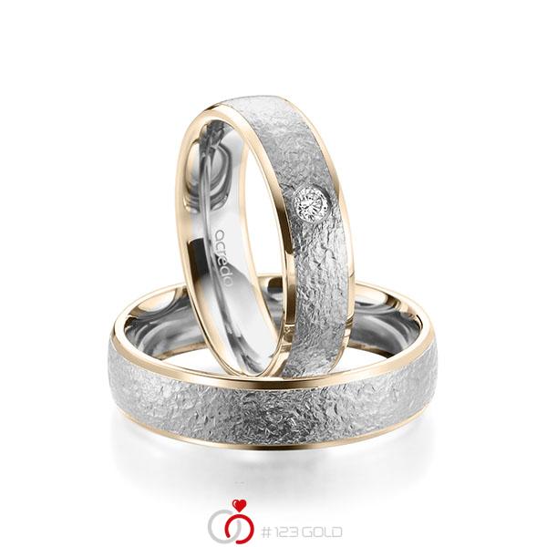 Paar bicolor Trauringe/Eheringe in Signature Gold 585 Graugold 585 , crushed Struktur mit zus. 0,08 ct. Brillant tw, si von acredo - A-1961-13 Paar bicolor Trauringe/Eheringe in Signature Gold 585 Graugold 585 , crushed Struktur mit zus. 0,08 ct. Brillant tw, si von acredo - A-1961-13