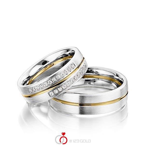 Paar bicolor Trauringe/Eheringe in Weißgold 375 Gelbgold 375 mit zus. 0,192 ct. Brillant tw, si von Steinberg - Q-1219-1 Paar bicolor Trauringe/Eheringe in Weißgold 375 Gelbgold 375 mit zus. 0,192 ct. Brillant tw, si von Steinberg - Q-1219-1
