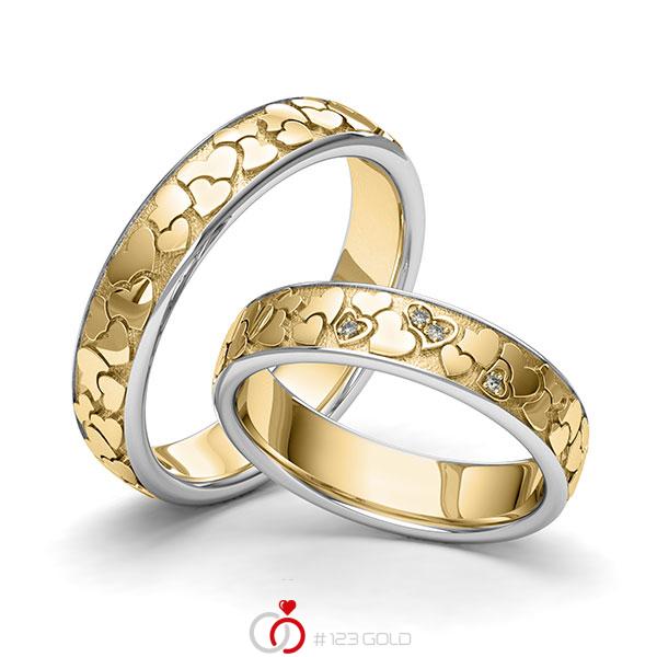 Paar bicolor Trauringe/Eheringe in Weissgold 585 Gelbgold 585 Herz mit zus. 0,02 ct. Brillant tw, si von 123gold - Y-1416-10 Paar bicolor Trauringe/Eheringe in Weissgold 585 Gelbgold 585 Herz mit zus. 0,02 ct. Brillant tw, si von 123gold - Y-1416-10