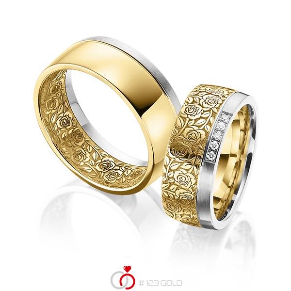 Paar bicolor Trauringe/Eheringe in Weißgold 585 Gelbgold 585 Laser Struktur mit zus. 0,05 ct. Brillant tw, si von 123gold - Y-1384-1 Paar bicolor Trauringe/Eheringe in Weißgold 585 Gelbgold 585 Laser Struktur mit zus. 0,05 ct. Brillant tw, si von 123gold - Y-1384-1