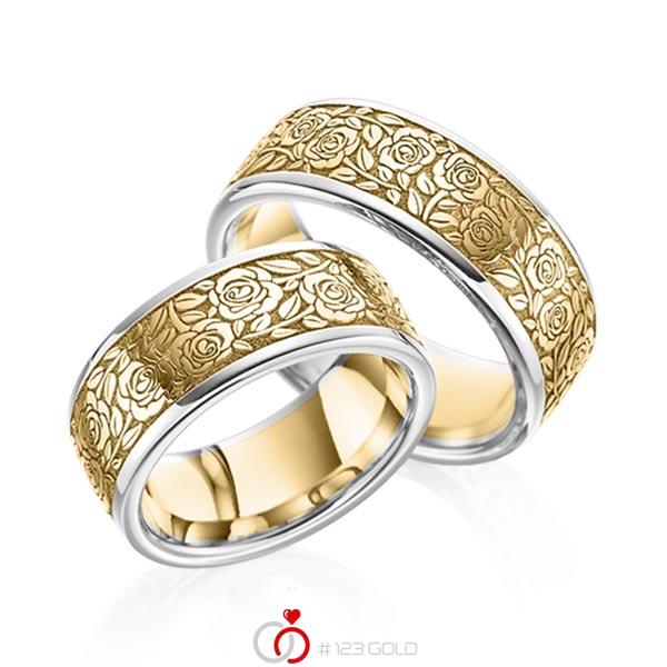 Paar bicolor Trauringe/Eheringe in Weissgold 585 Gelbgold 585 Laser Struktur von 123gold - Y-1381-1 Paar bicolor Trauringe/Eheringe in Weissgold 585 Gelbgold 585 Laser Struktur von 123gold - Y-1381-1