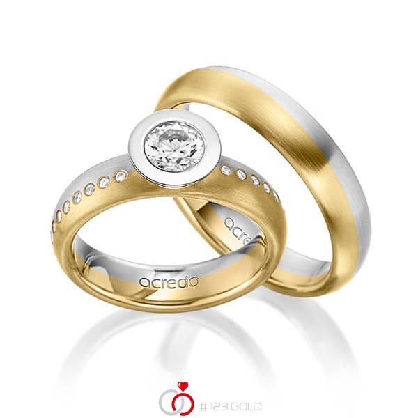 Paar bicolor Trauringe/Eheringe in Weissgold 585 Gelbgold 585 mit 0,4 ct. + zus. 0,175 ct. Brillant tw, vs tw, si von acredo - A-1538-1 Paar bicolor Trauringe/Eheringe in Weissgold 585 Gelbgold 585 mit 0,4 ct. + zus. 0,175 ct. Brillant tw, vs tw, si von acredo - A-1538-1