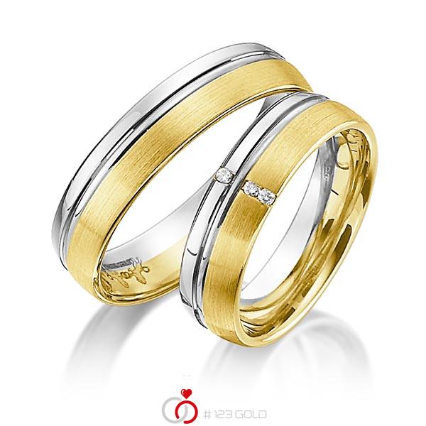 Paar bicolor Trauringe/Eheringe in Weißgold 585 Gelbgold 585 mit zus. 0,03 ct. Brillant tw, si von Steinberg - Q-1188-2 Paar bicolor Trauringe/Eheringe in Weißgold 585 Gelbgold 585 mit zus. 0,03 ct. Brillant tw, si von Steinberg - Q-1188-2