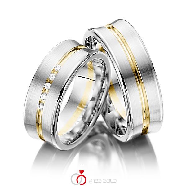 Paar bicolor Trauringe/Eheringe in Weißgold 585 Gelbgold 585 mit zus. 0,05 ct. Brillant tw, si von Steinberg - Q-1233-1 Paar bicolor Trauringe/Eheringe in Weißgold 585 Gelbgold 585 mit zus. 0,05 ct. Brillant tw, si von Steinberg - Q-1233-1