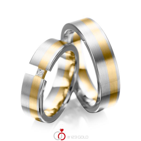 Paar bicolor Trauringe/Eheringe in Weissgold 585 Gelbgold 585 mit zus. 0,05 ct. Prinzess-Diamant tw, si von acredo - A-1025-6 Paar bicolor Trauringe/Eheringe in Weissgold 585 Gelbgold 585 mit zus. 0,05 ct. Prinzess-Diamant tw, si von acredo - A-1025-6