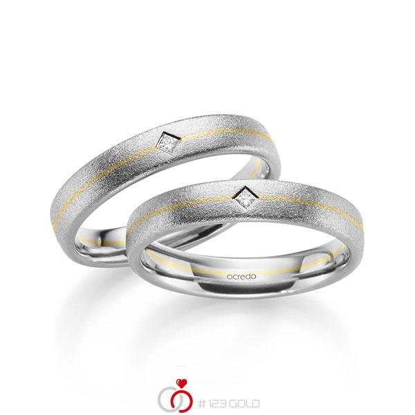 Paar bicolor Trauringe/Eheringe in Weissgold 585 Gelbgold 585 mit zus. 0,05 ct. Prinzess-Diamant tw, si von acredo - A-2184-4 Paar bicolor Trauringe/Eheringe in Weissgold 585 Gelbgold 585 mit zus. 0,05 ct. Prinzess-Diamant tw, si von acredo - A-2184-4