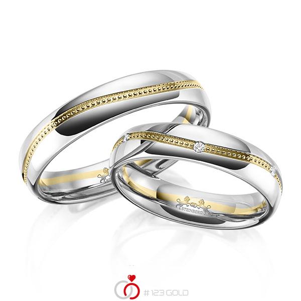 Paar bicolor Trauringe/Eheringe in Weißgold 585 Gelbgold 585 mit zus. 0,06 ct. Brillant tw, si von Steinberg - Q-1652-1 Paar bicolor Trauringe/Eheringe in Weißgold 585 Gelbgold 585 mit zus. 0,06 ct. Brillant tw, si von Steinberg - Q-1652-1