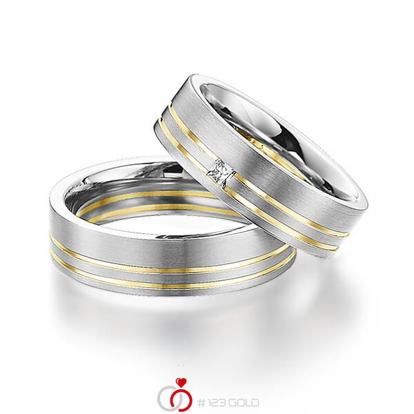 Paar bicolor Trauringe/Eheringe in Weißgold 585 Gelbgold 585 mit zus. 0,06 ct. Prinzess-Diamant tw, si von Steinberg - Q-1231-5 Paar bicolor Trauringe/Eheringe in Weißgold 585 Gelbgold 585 mit zus. 0,06 ct. Prinzess-Diamant tw, si von Steinberg - Q-1231-5
