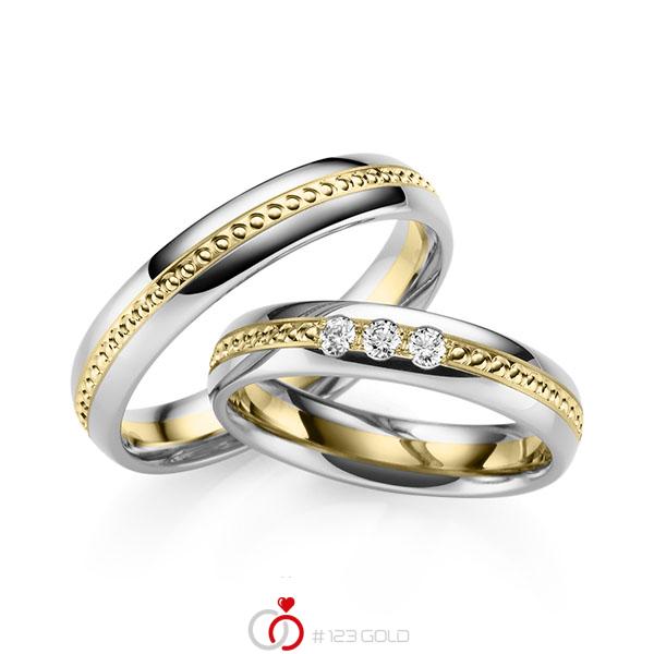 Paar bicolor Trauringe/Eheringe in Weißgold 585 Gelbgold 585 mit zus. 0,09 ct. Brillant tw, vs von 123gold - Y-1430-1 Paar bicolor Trauringe/Eheringe in Weißgold 585 Gelbgold 585 mit zus. 0,09 ct. Brillant tw, vs von 123gold - Y-1430-1
