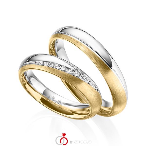 Paar bicolor Trauringe/Eheringe in Weißgold 585 Gelbgold 585 mit zus. 0,14 ct. Brillant tw, si von Steinberg - Q-1578-1 Paar bicolor Trauringe/Eheringe in Weißgold 585 Gelbgold 585 mit zus. 0,14 ct. Brillant tw, si von Steinberg - Q-1578-1