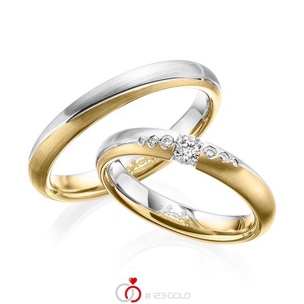 Paar bicolor Trauringe/Eheringe in Weißgold 585 Gelbgold 585 mit zus. 0,18 ct. Brillant tw, si von Steinberg - Q-1576-2 Paar bicolor Trauringe/Eheringe in Weißgold 585 Gelbgold 585 mit zus. 0,18 ct. Brillant tw, si von Steinberg - Q-1576-2