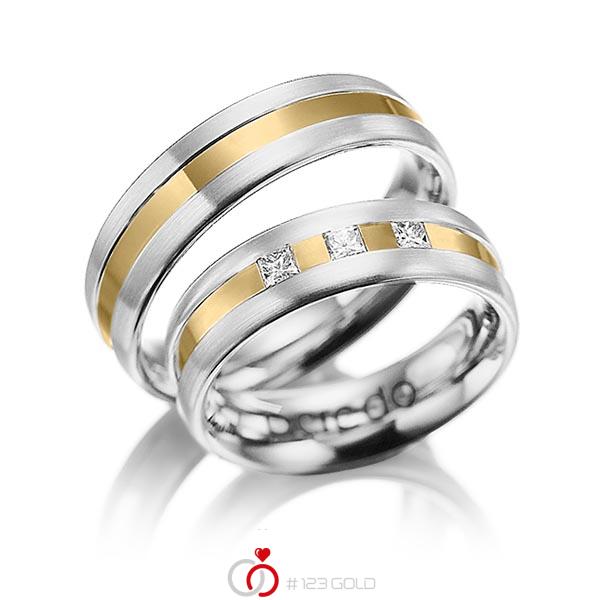Paar bicolor Trauringe/Eheringe in Weissgold 585 Gelbgold 585 mit zus. 0,18 ct. Prinzess-Diamant tw, si von acredo - A-1021-13 Paar bicolor Trauringe/Eheringe in Weissgold 585 Gelbgold 585 mit zus. 0,18 ct. Prinzess-Diamant tw, si von acredo - A-1021-13