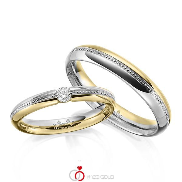 Paar bicolor Trauringe/Eheringe in Weißgold 585 Gelbgold 585 mit zus. 0,1 ct. Brillant tw, si von Steinberg - Q-1644-2 Paar bicolor Trauringe/Eheringe in Weißgold 585 Gelbgold 585 mit zus. 0,1 ct. Brillant tw, si von Steinberg - Q-1644-2