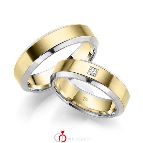 Paar bicolor Trauringe/Eheringe in Weißgold 585 Gelbgold 585 mit zus. 0,1 ct. Prinzess-Diamant tw, vs - UQ-1044-1 Paar bicolor Trauringe/Eheringe in Weißgold 585 Gelbgold 585 mit zus. 0,1 ct. Prinzess-Diamant tw, vs - UQ-1044-1